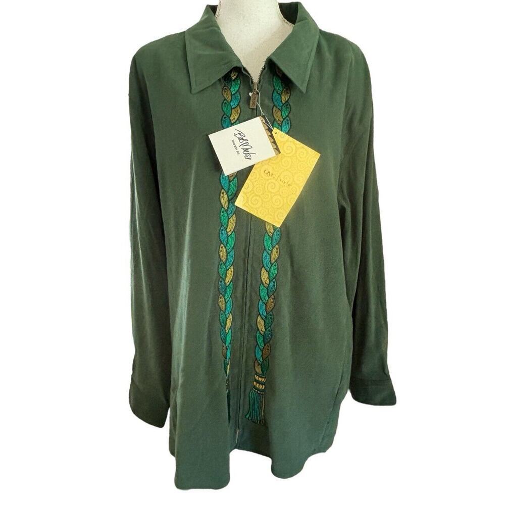 BOB MACKIE Stretch Moleskin Tassel Embroidered Zipper Jacket 3X Green NWT